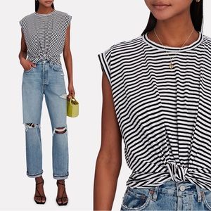 FRAME Women’s Sleeveless Striped Knotted Spring Cotton Crewneck Tee size Small